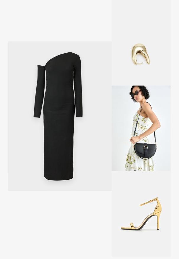 Musta, vartalonmyötäinen, pitkähihainen mekko, jossa on epäsymmetrinen kaula-aukko ja rypytetty sivusauma, valmistettu ribbikankaasta.; Kultasävyinen patenttihenä korkokenkä ohuella nilkkahihnalla, avonaisella varpaalla ja tyylikkäällä stiletto-korkealla. Sileä pinta ja minimalistinen muotoilu.; Musta nahkainen käsilaukku, joka on kaareva muotoilultaan, irrotettavalla hihnalla ja kultaisilla yksityiskohdilla. Laukussa on läppä, jossa on solk yksityiskohta.; Kultahipuinen korvakoru, jossa on sulavalinjainen, kaareva muotoilu. Ominaisuuksiin kuuluu erottuva terävä muoto, kiillotettu pinta ja sarana kiinnitys.