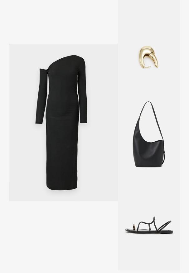 Zwarte, nauwsluitende, lange mouw jurk met een asymmetrische halslijn en geplooide zijdetail, gemaakt van ribbelstof.; Zwarte platte sandalen met dunne banden en een teentojel, met een gouden accent op de teen. Gemaakt van een glad, glanzend materiaal.; Zwarte leren hobo tas met een gladde textuur, kromme vorm en een enkele verstelbare schouderband; heeft een brede opening aan de bovenkant.; Gouden metalen oorbel met een slank, gebogen ontwerp. Beschikt over een kenmerkende puntige vorm, gepolijste oppervlakte en scharnier sluiting.