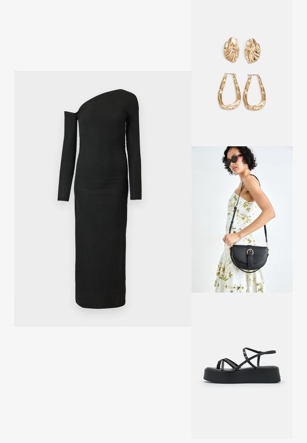 Black, form-fitting, long-sleeve dress with an asymmetric neckline and gathered side detail, made from ribbed fabric.; Black platform sandals with thin, crisscrossing straps and a square buckle. Smooth texture and a wide, chunky heel for stability.; Black leather handbag with a curved shape, detachable strap, and gold hardware. The bag features a flap with a buckle detail.; Gold-tone earrings featuring textured, wavy shapes. Includes sculptural clip-on studs and open hoop design with a hammered finish.