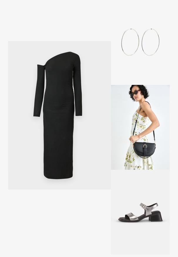 Čierne, priliehavé, dlhé šaty s asymetrickým výstrihom a zozbieraným detailom na boku, vyrobené z rebrovanej látky.; Strieborné kožené sandále s otvorenou špičkou, obsahujúce široký predný remienok, remienok okolo členka so sponou a stredne vysoký blokový opatok.; Čierna kožená kabelka s zaobleným tvarom, odnímateľným popruhom a zlatými doplnkami. Kabelka má klopu s detailom s prackou.; Strieborné kruhové náušnice s hladkým, okrúhlym dizajnom a lesklým povrchom. Sú tenké a ľahké, s jednoduchým uzáverom.