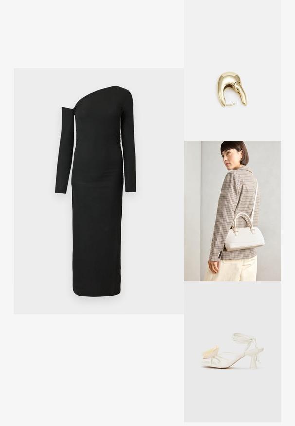 Black, form-fitting, long-sleeve dress with an asymmetric neckline and gathered side detail, made from ribbed fabric.; White strappy high-heeled sandal with a pointed toe. Features a decorative yellow petal accent and a slender ankle strap design.; White structured handbag with short handles and a shoulder strap, featuring gold hardware accents and textured material, displayed against a grey background.; Gold-tone metal earring with a sleek, curved design. Features a distinctive pointed shape, polished surface, and hinge closure.