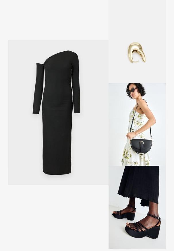 Black, form-fitting, long-sleeve dress with an asymmetric neckline and gathered side detail, made from ribbed fabric.; Black wedge sandals featuring multiple thin straps, adjustable ankle buckle, textured surface, and a rounded heel shape.; Black leather handbag with a curved shape, detachable strap, and gold hardware. The bag features a flap with a buckle detail.; Gold-tone metal earring with a sleek, curved design. Features a distinctive pointed shape, polished surface, and hinge closure.