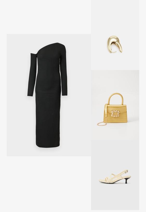 Black, form-fitting, long-sleeve dress with an asymmetric neckline and gathered side detail, made from ribbed fabric.; Yellow strappy sandal with a pointed toe, small black heel, and adjustable buckle. Smooth texture with a minimalist design and no visible patterns.; Yellow faux-crocodile handbag with a structured design, top handle, detachable chain strap, and decorative crystal embellishment on the clasp.; Gold-tone metal earring with a sleek, curved design. Features a distinctive pointed shape, polished surface, and hinge closure.