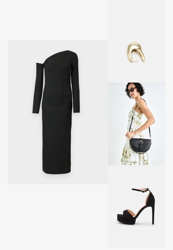 Fekete, testhez simuló, hosszú ujjú ruha aszimmetrikus nyakkivágással és ráncolt oldali részlettel, bordás anyagból készült.; Fekete zamšibőr magassarkú szandál platform talppal, bokapánt ezüst hardware elemekkel, nyitott orrú dizájn és sima felület.; Fekete bőrtáska ívelt formával, levehető pánttal és arany színű fémrészekkel. A táskán egy csattal díszített fedél található.; Aranyszínű fém fülbevaló, elegáns, ívelt formával. Különleges hegyes alak, fényes felszín és zsanéros záródás jellemzi.