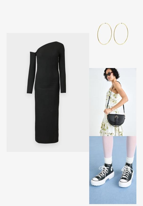 Vestido negro ajustado de manga larga con escote asimétrico y detalle fruncido en el lateral, hecho de tela acanalada.; Zapatillas altas negras con suelas y cordones blancos, que presentan un logo circular en el costado y costuras negras en contraste. Parte superior de tejido texturizado.; Bolso de piel negra con forma curva, correa desmontable y herrajes dorados. El bolso cuenta con una solapa con un detalle de hebilla.; Pendientes de aro dorados con un diseño suave y redondeado. Finos y livianos, presentan un lazo continuo sin ningún tipo de adornos.
