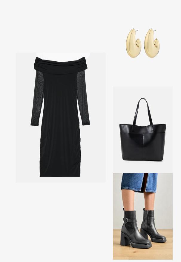 Robe noire décolletée avec des manches longues en mesh transparent, des côtés froncés, un tissu lisse et une silhouette ajustée.; Bottines noires en cuir avec un talon bloc haut, des panneaux latéraux élastiques et une boucle décorative. Texture lisse avec un design élégant.; Sac fourre-tout en cuir noir avec deux longues poignées, une texture lisse et une forme structurée. Dispose d'une poche avant pour un rangement supplémentaire.; Boucles d'oreilles en ton or avec une forme lisse et arrondie, dotées d'une finition polie et d'un fermoir à tige pour un port sécurisé.