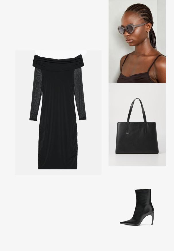 Robe noire décolletée avec des manches longues en mesh transparent, des côtés froncés, un tissu lisse et une silhouette ajustée.; Bottine en cuir noir avec un bout pointu et un talon aiguille haut. Sa texture lisse et son design minimaliste mettent en avant une élégance moderne.; Lunettes de soleil grises surdimensionnées avec une forme arrondie et des verres foncés. Monture en plastique élégante avec une finition lisse. Le modèle a des cheveux tressés.; Sac fourre-tout en cuir noir avec deux longues poignées, de forme rectangulaire, surface texturée et design minimaliste. Aucune quincaillerie ou accent visible.