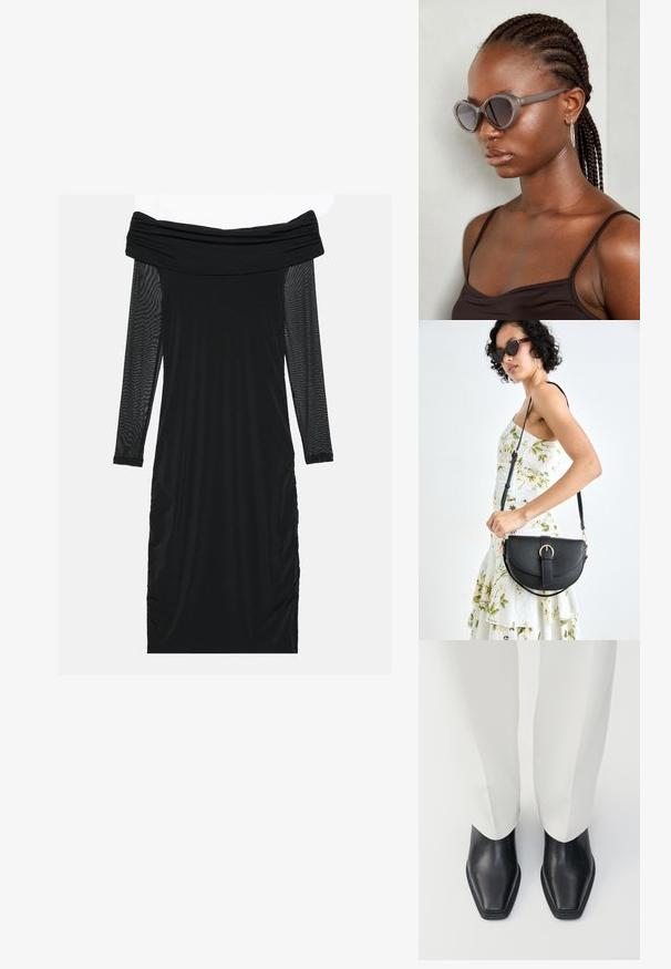 Mustmust riiet, millel on pikad õhukesed võrkkangast varrukad, volangiga küljed, sile kangas ja figureeriv lõige.; Mustad nahast ankle-kingad terava ninaga ja madala pihustusega kontsaga, koos valgete laia säärega pükstega. Sile tekstuur, stiilne disain.; Hallid ova päikeseprillid ümmarguse kujuga ja tumedate läätsega. Sujuva viimistlusega läikiv plastraam. Mudelil on põimitud juuksed.; Mustmust mustraha kõverate joontega, eemaldatava rihmaga ja kuldsete detailidega. Kotil on klapp, millel on pandladetail.