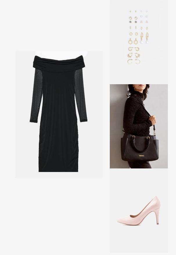 Fekete, vállra omló ruha hosszú áttetsző hálós ujjakkal, ráncolt oldalakkal, sima anyagból és testhez simuló szabással.; Rózsaszín lakkbőr magas sarkú női cipő, hegyes orral és karcsú siluettel, 10 cm-es tűsarkúval és sima felülettel.; Fekete kézitáska texturált felülettel, dupla felső fogantyúval és állítható vállpánttal. Arany színű fém kiegészítők és oldalsó zsebek találhatók rajta.; Arany tónusú fülbevalók szettje, amely különféle mintákat tartalmaz, beleértve a stift fülbevalókat, karikákat és gyöngyökkel és strasszokkal díszített hosszú fülbevalókat.