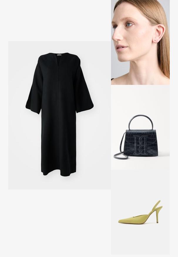 Langes schwarzes Kleid mit weiten Ärmeln und Ausschnitt in V-Form, vor einem weißen Hintergrund präsentiert.; GIABORGHINI OCTAVIE - High Heel Pumps - green; Schwarze Handtasche aus Krokodilprägung mit strukturiertem Design, Oberhandgriff, verstellbarem Tragegurt und einem auffälligen Logo-Detail auf der Vorderseite.; Goldfarbene Ohrringe mit zwei klaren Edelsteinen, runder Form, in einem minimalistischen Design. Der Hintergrund ist neutral, um den Schmuck hervorzuheben.