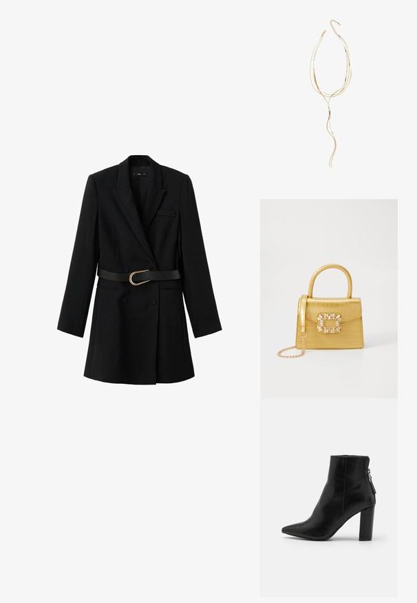 Crni blazer s dvostrukim kopčanjem, oštrim reverima, prilagođenim krojem i pojasom s naglaskom u obliku zlatne kopče.; Crne kožne gležnjače s šiljastim vrhom, glatkom teksturom i debelim potplatom. Sadrže bočni patentni zatvarač s malim detaljem u obliku resice.; Žuta torbica od umjetnog krokodila sa strukturiranim dizajnom, gornjom ručkom, odvojivim lančićem i dekorativnim kristalnim ukrasom na kopči.; Zlatna višeslojna ogrlica s valovitim oblicima; karakterizira glatka, refleksivna metalna tekstura i prilagodljiva lanac za personalizaciju duljine.