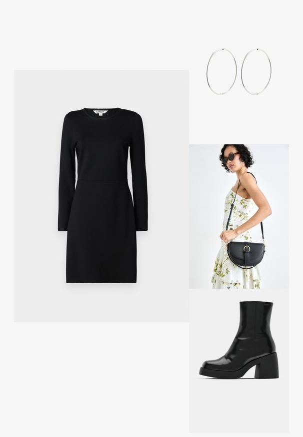 Melna garām piedurknēm kleita ar apaļu kakla izgriezumu. Pieguļoša silueta ar šuvju detaļu jostas vietā. Mīksta auduma, gluda tekstūra. Nav rakstu vai rotājumu.; Melnas potītes zābaku ar spīdīgu apdari, kvadrātveida pirkstu un biezu bloku papēdi. Dizainā ir bezšuvju siluets un minimāla zīmola identitāte.; Melnas ādas rokassoma ar izliekta formu, noņemamu siksnu un zelta aksesuāriem. Somai ir vāciņš ar sprādzes detaļu.; Sudraba riņķa auskari ar gludu, apaļu dizainu un pulētu apdari. Tie ir plāni un viegli, ar vienkāršu aizdari.