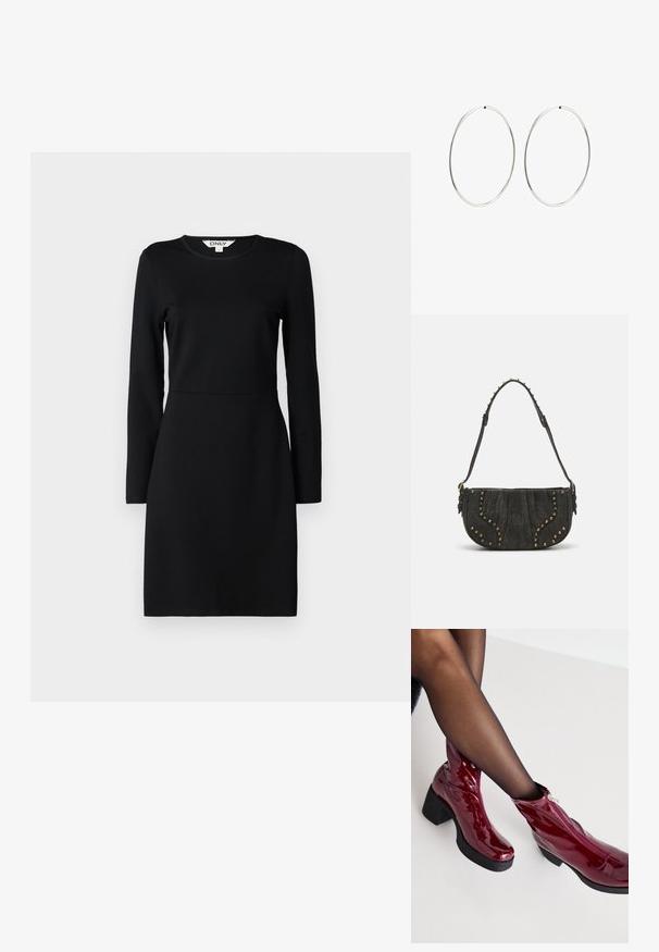Črna dolga obleka z dolgimi rokavi in okroglim izrezom. Prilegajoča silhueta z šivom na pasu. Mehak material, gladka tekstura. Brez vzorcev ali okraskov.; Rdeče lakirane gležnjarje s črnimi debelimi petami in zadrgo. Gladka tekstura, eleganten dizajn z zaobljenim nosom.; Črna semiš torbica s ukrivljeno zasnovo, opremljena z nitnimi poudarki in teksturirano površino. Nastavljiv trak z zakovicami vzdolž roba.; Srebrne obročaste uhane z gladkim, okroglim dizajnom in poliranim zaključkom. So tanke in lahke, z enostavnim zapiranjem na sponko.
