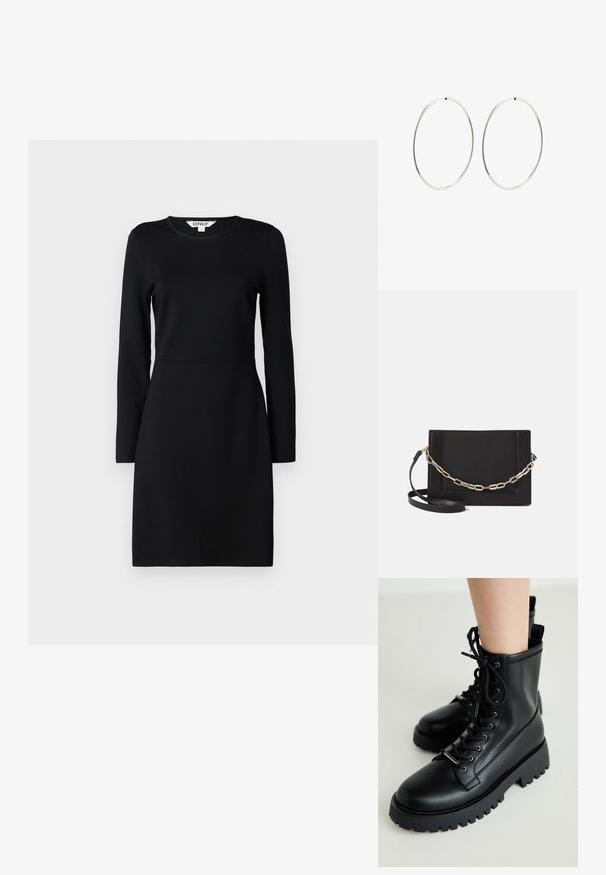 Must mustaga öökleit ümmarguse kaelusega. Tihe Siluett, kus on rõhu detail vööl. Pehme kangas, sile tekstuur. Ei ole mustreid ega kaunistusi.; Mustad musta nööriga säärebootsid, mis on valmistatud siledast nahast. Krobeline kummist välispõhi sügavate tallamusteritega. Omab kontsapoolt aasat, mis võimaldab mugavat selga panemist.; Mustast nahast õlakott, mis omab siledat tekstuuri, ristküliku kuju ning esiküljel metallketi detaili. Reguleeritav rihm on kaasas.; Hõbedased rõngaskõrvarõngad, millel on sujuv, ümmargune disain ja poleeritud viimistlus. Need on õhukesed ja kerged, omades lihtsat klambrit.