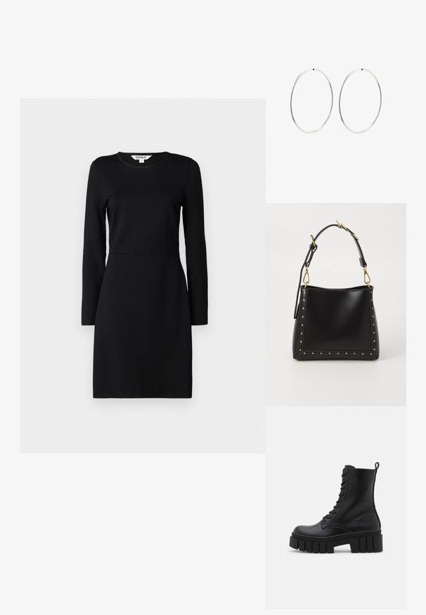 Črna dolga obleka z dolgimi rokavi in okroglim izrezom. Prilegajoča silhueta z šivom na pasu. Mehak material, gladka tekstura. Brez vzorcev ali okraskov.; Črne usnjene gležnjarje z debelim, rebrastim podplatom, vezanjem na sprednji strani in zanka za vlečenje na gladki beli podlagi.; Črna usnjena torbica s strukturirano obliko, ki ima zlate kocke ob robovih in odstranljiv trak z zlatimi dodatki.; Srebrne obročaste uhane z gladkim, okroglim dizajnom in poliranim zaključkom. So tanke in lahke, z enostavnim zapiranjem na sponko.