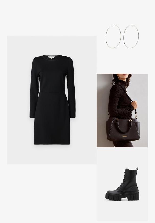 Crna haljina dugih rukava s okruglim izrezom. Prilagođen silueta s detaljem šava na struku. Meki materijal, glatka tekstura. Bez uzoraka ili ukrasa.; Crne kožne gležnjače s debelim, rebrastim potplatom, vezanjem sprijeda i uzicom za povlačenje na glatkoj bijeloj podlozi.; Crna torba s teksturiranom površinom, dvostrukim gornjim ručkama i podesivom remenom za rame. Ima zlatne metalne detalje i bočne džepove.; Srebrne naušnice od obruča s glatkim, okruglim dizajnom i poliranim završetkom. Tanak su i lagani, s jednostavnim zatvaranjem.