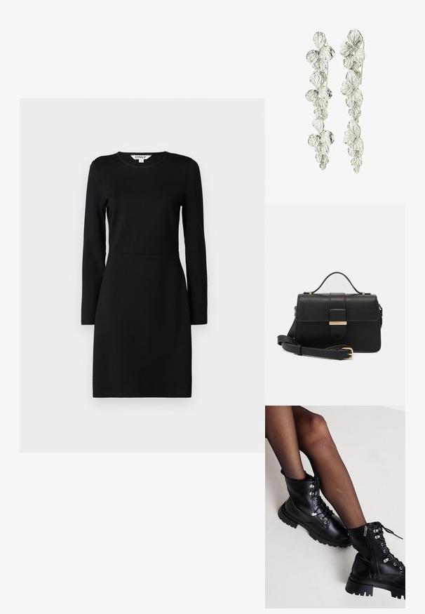 Čierne šaty s dlhým rukávom a okrúhlym výstrihom. Priliehavý strih s švom v páse. Mäkká látka, hladká textúra. Bez vzorov alebo ozdôb.; Even&Odd Wide Fit Členkové šnurovacie čižmy - black; Čierna kožená kabelka so zlatými kovovými akcentmi, obdĺžnikový tvar, zapínanie na klopu, nastaviteľný ramenný popruh, hladká textúra, minimalistický dizajn.; Strieborné náušnice s kvetinovým vzorom a vrstvenými listami. Textúra vyzerá zložite a leštene, čo zvýrazňuje prírodný motív.