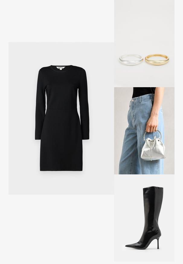 Melna garām piedurknēm kleita ar apaļu kakla izgriezumu. Pieguļoša silueta ar šuvju detaļu jostas vietā. Mīksta auduma, gluda tekstūra. Nav rakstu vai rotājumu.; Melnas līdz ceļgaliem stiletto zābakus ar gludu, spīdīgu ādas apdari, aizsargājošu purngalu un šauru, augstu papēdi. Gluda virsma bez redzamām tekstūrām.; Metāliskā sudraba somiņa ar teksturētu apdari, rotāta ar sudraba apaļu rokturi un aukliņu aizdari, turēta pretī gaišziliem džinsiem.; Zign 2 PACK - Rokassprādze - gold-coloured/silver-coloured