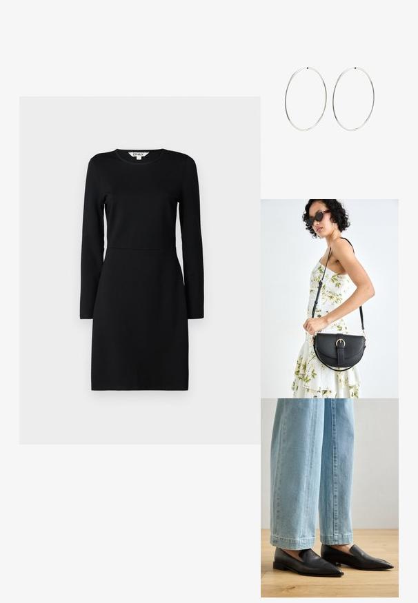 Crna haljina dugih rukava s okruglim izrezom. Prilagođen silueta s detaljem šava na struku. Meki materijal, glatka tekstura. Bez uzoraka ili ukrasa.; Crne kožne cipele s oštrim vrhom i dizajnom na punu petu, uparene sa svijetloplavim hlačama širokih nogavica, na drvenom podu.; Crna kožna torba s lukovitim oblikom, odvojivim remenom i zlatnim detaljima. Torba ima preklop s kopčom.; Srebrne naušnice od obruča s glatkim, okruglim dizajnom i poliranim završetkom. Tanak su i lagani, s jednostavnim zatvaranjem.