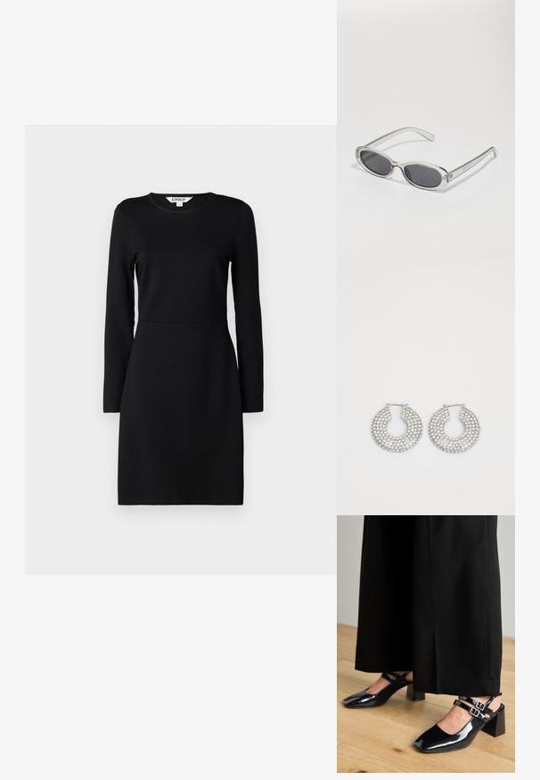 Black long-sleeve dress with a round neckline. Fitted silhouette with a seam detail at the waist. Soft fabric, smooth texture. No patterns or embellishments.; Black patent leather slingback shoes with square toes, featuring double adjustable ankle straps and block heels. Smooth, shiny finish.; Sunglasses with an oval shape, clear plastic frame, dark gray lenses, and thin transparent arms featuring logo accents and minimal detailing.; Silver hoop earrings adorned with multiple clear crystal embellishments, featuring a textured surface and an open circular design.