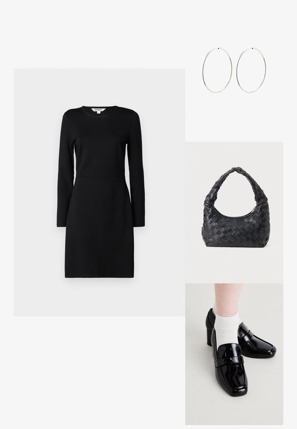 Robe noire à manches longues avec un col rond. Silhouette ajustée avec un détail de couture à la taille. Tissu doux, texture lisse. Sans motifs ni embellissements.; Mocassins noirs en cuir verni avec un bout carré et un talon surélevé, présentant une texture lisse et une bande horizontale proéminente sur le dessus.; Sac en cuir noir tissé avec une poignée arrondie et un corps en forme de croissant sur un fond uni.; Boucles d'oreilles en argent avec un design lisse et rond, et une finition polie. Elles sont fines et légères, avec un fermoir simple.