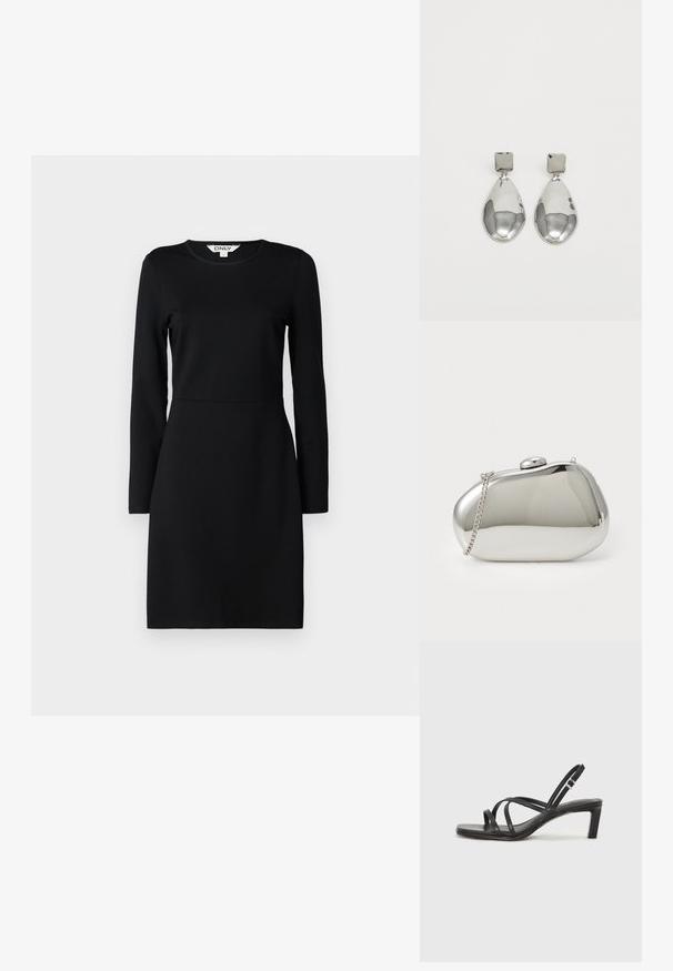 Black long-sleeve dress with a round neckline. Fitted silhouette with a seam detail at the waist. Soft fabric, smooth texture. No patterns or embellishments.; Black strappy sandal with a square toe and a low block heel. Features multiple thin straps and an adjustable ankle strap. Made of smooth leather.; Silver metal clutch with a rounded, smooth shape. Features a clasp closure and a detachable chain strap. Reflective surface with no patterns.; Silver drop earrings with a square stud, featuring a smooth, polished finish and a teardrop shape, reflecting light with a glossy surface.