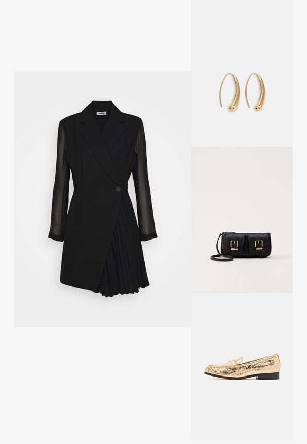 Svart skreddersydd kjole med blazerstil topp, gjennomsiktige lange ermer, enkel knappelukking og plisserte detaljer på skjørtet.; Gullige syntetiske loafers med strukturert overflate, rund tå og dekorativ stropp. Har en lav svart hæl og sydd detaljer.; Svart skinn crossbody veske med to frontlommer, gyldne spenner, glidelåslukking og en slank stropp. Teksturert overflate og kompakt rektangulær form.; Gullfargede metalløredobber med en buet, forlenget form. Har en jevn, blank overflate og en avrundet tupp for ekstra detaljer.