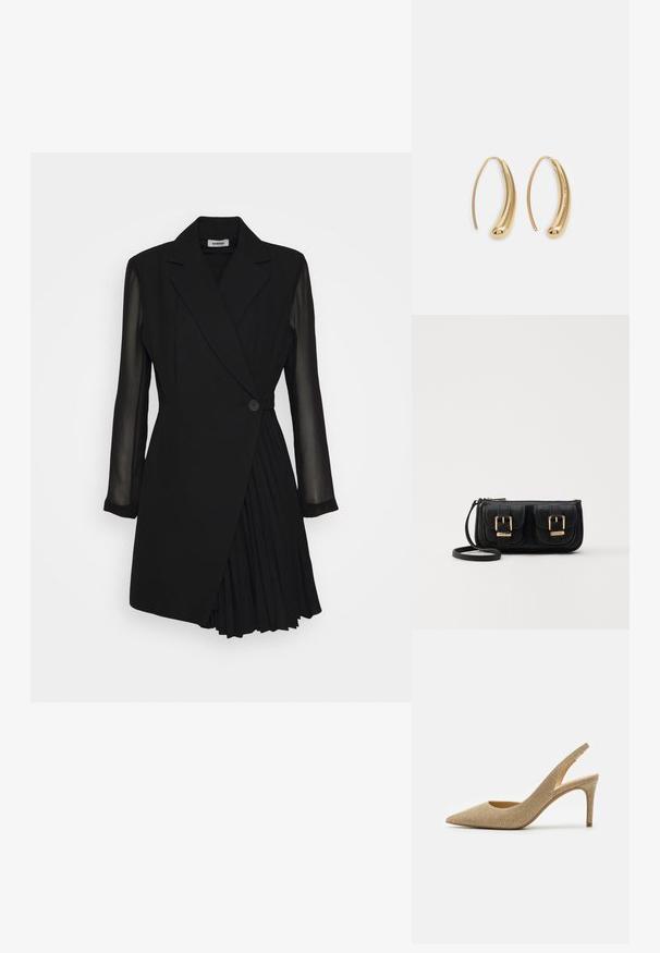 Melns piegriezts kleita ar žaketes stila augšu, caurspīdīgām garām piedurknēm, vienu pogu aizdari un krokām apakšdaļā.; MICHAEL Michael Kors ALINA FLEX SLING - Augsti papēži - pale gold; Melnas ādas crossbody soma ar divām priekšējām kabatām, zelta sprādzēm, ar rāvējslēdzēju aizdari un šauru siksnu. Strukturēta virsma un kompakta taisnstūra forma.; Zelta toņu metāla gredzena auskari ar izliektu, pagarinātu formu. Ar gludu, spīdīgu virsma un noapaļotu galu papildu detaļām.