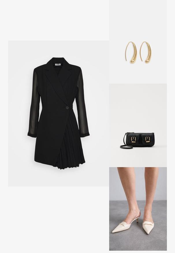 Melns piegriezts kleita ar žaketes stila augšu, caurspīdīgām garām piedurknēm, vienu pogu aizdari un krokām apakšdaļā.; Kremkrāsas, norādīta pirksta slinga papēži ar smalku vidējo papēdi, kas rotāti ar zelta ķēdes akcentu uz virsmas un gludu ādas tekstūru.; Melnas ādas crossbody soma ar divām priekšējām kabatām, zelta sprādzēm, ar rāvējslēdzēju aizdari un šauru siksnu. Strukturēta virsma un kompakta taisnstūra forma.; Zelta toņu metāla gredzena auskari ar izliektu, pagarinātu formu. Ar gludu, spīdīgu virsma un noapaļotu galu papildu detaļām.