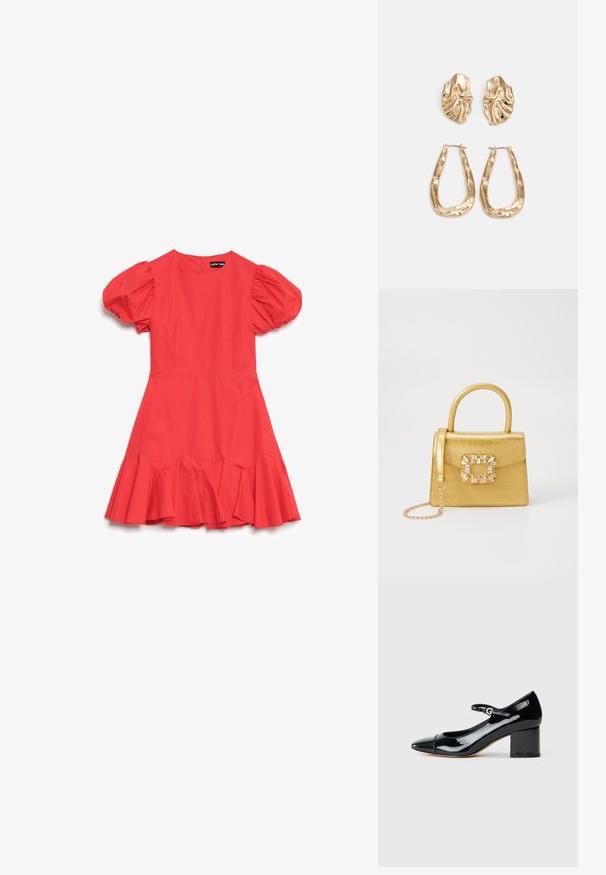 Crvena haljina s napuhanim rukavima koja ima prilagođeno tijelo, lepršavi rublja na rubu i zatvaranje na patentni zatvarač na leđima, izrađena od glatkog materijala.; Crna lakirana Mary Jane cipela s blok petom i remenom na kopčanje, prikazana sa strane na bijeloj pozadini.; Žuta torbica od umjetnog krokodila sa strukturiranim dizajnom, gornjom ručkom, odvojivim lančićem i dekorativnim kristalnim ukrasom na kopči.; Naušnice zlatne boje s teksturiranim, valovitim oblicima. Uključuju skulpturalne kopče i dizajn otvorene kružnice s kovanom završnom obradom.