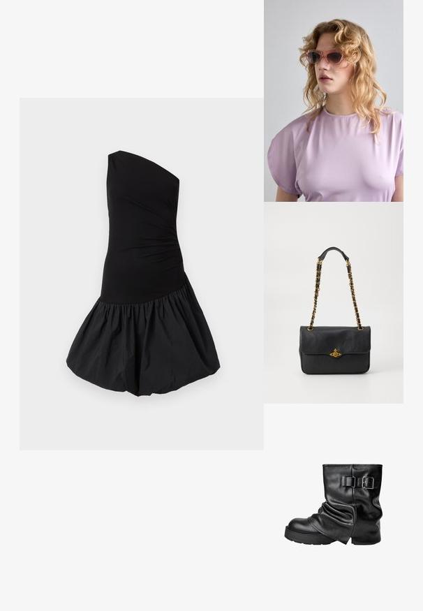 Yksi olkapää musta mekko, jossa on tiukka bodysuit ja tilava, rypytetty hame. Valmistettu sileästä, kevyestä kankaasta, jossa on mattapinta.; Mustat nahka nilkkurit, joissa on pussimainen muotoilu, nelikulmainen kärki ja sivuistukko. Paksu pohja lisää korkeutta ja vakautta.; Vaaleanpunaiset aurinkolasit, joissa on geometrinen kehys, yhdistettynä pehmeään laventelinväriseen toppiin, jossa on pyöreä pääntie ja hihattomat hihat.; Musta nahkainen käsilaukku, jossa on käännettävä läppä, kultasävyinen ketjuolkaintuki ja logolevy etuosassa. Tasainen pinta.