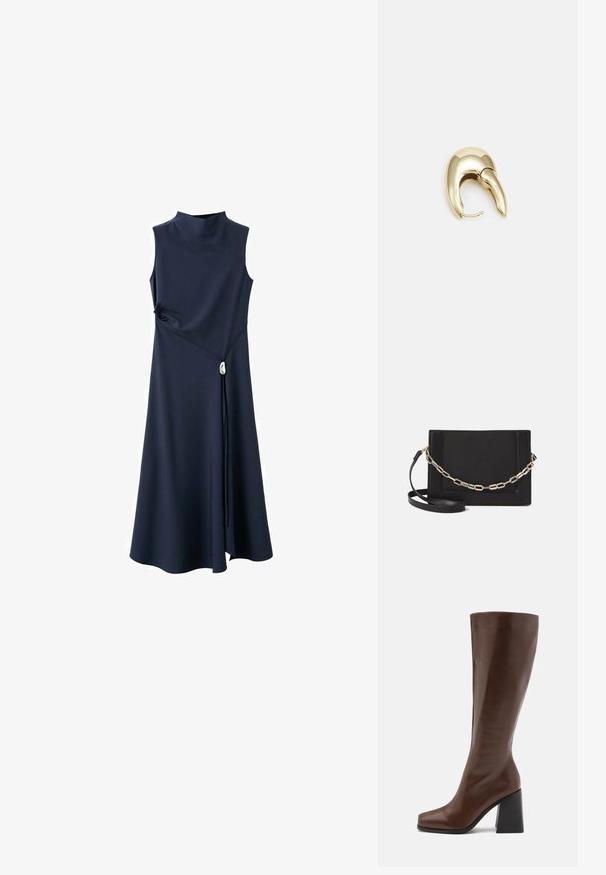 Mornarsko plava haljina bez rukava s visokim izrezom, teksturirana tkanina, A-linijski kroj i dekorativni srebrni detalj u struku.; RAID RENZO - Čizme - brown; Crna kožna torba preko tijela s glatkom teksturom, pravokutnim oblikom i metalnim lancem na prednjoj strani. Uključena je podesiva naramenica.; Crna kožna torba preko tijela s glatkom teksturom, pravokutnim oblikom i metalnim lancem na prednjoj strani. Uključena je podesiva naramenica.; Zlatne metalne naušnice s elegantnim, zakrivljenim dizajnom. Imaju karakterističan šiljast oblik, poliranu površinu i zatvaranje na šarku.