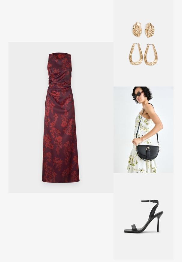 Sleeveless, floor-length dress in dark burgundy satin with red floral patterns. Features ruching at the waist and a round neckline.; Black high-heeled sandal with a slim ankle strap and two front bands. Made of smooth leather with a sleek pointed toe and stiletto heel.; Black leather handbag with a curved shape, detachable strap, and gold hardware. The bag features a flap with a buckle detail.; Gold-tone earrings featuring textured, wavy shapes. Includes sculptural clip-on studs and open hoop design with a hammered finish.