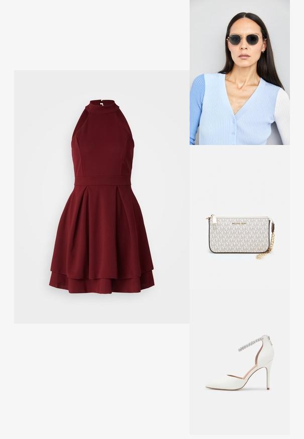 Burgunderfarbene Halfterkleid mit tailliertem Oberteil und ausgestelltem Rock, ausgestattet mit Falten und einem Reißverschluss hinten. Hergestellt aus strukturiertem Stoff.; Weißer High Heel Schuh mit spitzem Zehenbereich, aus Leder gefertigt, verstellbare Knöchelriemen verziert mit Strasssteinen und schlanker Stiletto-Fuß. ; Runde Sonnenbrillen mit dunklen Gläsern und goldenen Rahmen. Das Modell trägt eine hellblaue, gerippte Strickjacke mit Knöpfen und weißen Kontrastärmeln.; Michael Kors Clutch in beige beschichtetem Canvas mit einem wiederholten MK-Logo-Muster, goldfarbener hardware und einem abnehmbaren Kettenriemen.