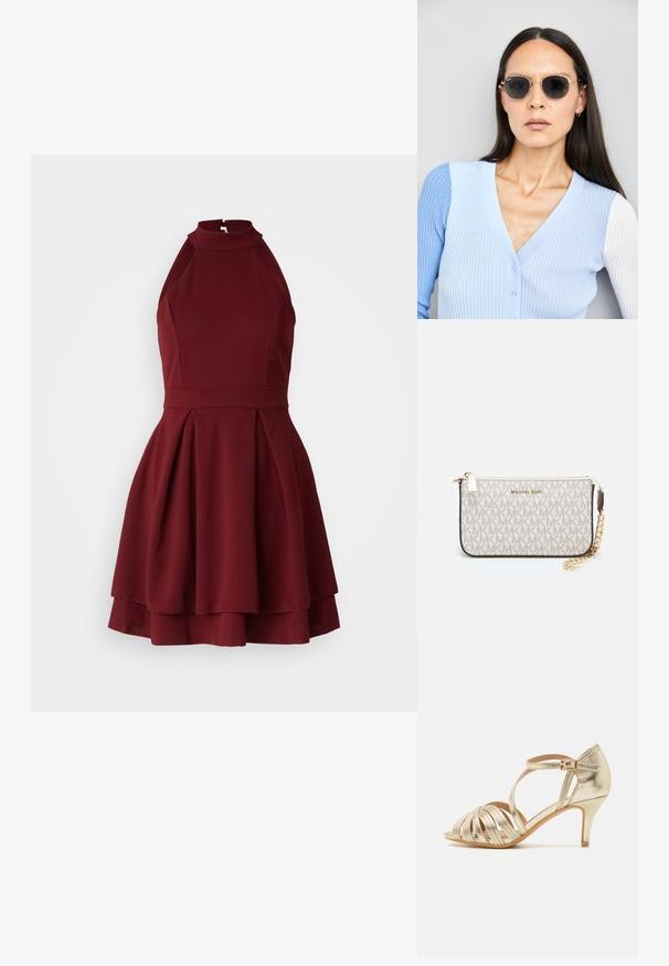 Burgundy halterkleit, mille kehasse ja laieneva seeliku kujundusega, millel on voldid ja tagumine lukustussüsteem. Valmistatud tekstureeritud kangast.; Kuldne metallik kõrge kontsaga sandaal, millel on ristatud rihmad, avatud varvas, reguleeritav pahkluu rihm sangaga ja peen kontsidesain.; Ringikujulised prillid tumedate läätsede ja kullast raamiga. Mudel on selga pannud helesinise soonikuga kardigani, millel on nupud ja kontrastsed valged varrukad.; Michael Korsi randmevõru beige kaetud kangast, millel on korduv MK logo muster, kuldne riistvara ja eemaldatav ahelistrap.