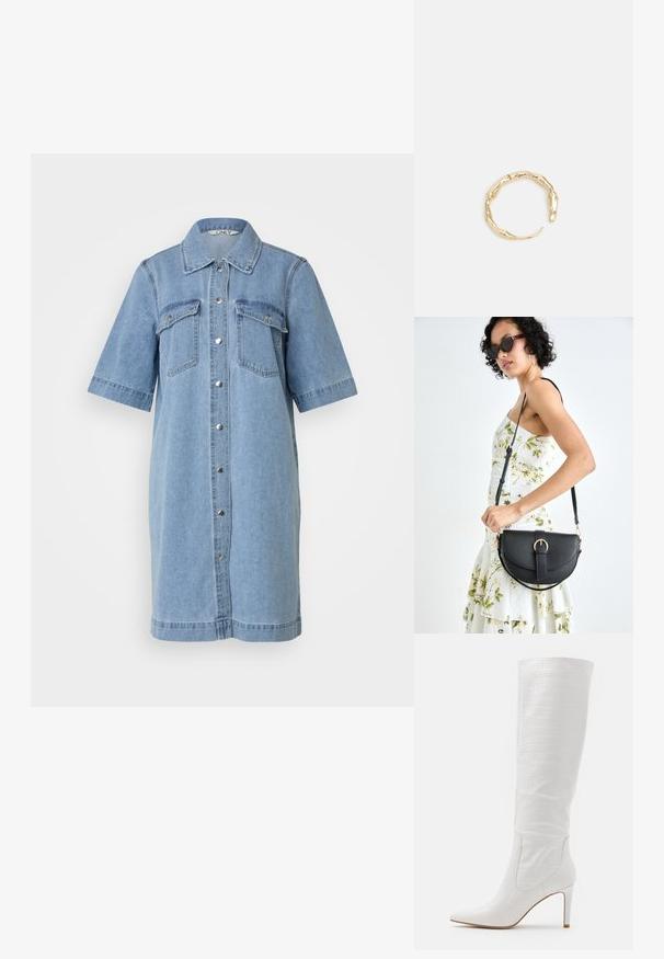 Light blue denim dress with short sleeves, button closure down the front, two chest pockets, and a collar. Smooth texture, knee-length.; RAID TRIBUTE - High heeled boots - white; Black leather handbag with a curved shape, detachable strap, and gold hardware. The bag features a flap with a buckle detail.; Gold-tone ring featuring an organic, twisted design with smooth texture and tapered ends, creating a modern, sculptural appearance.