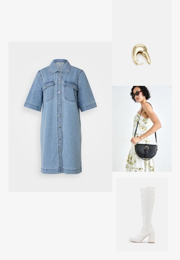 Lyseblå denimkjole med korte ermer, knappestang foran, to brystlommer og krage. Glatt tekstur, kne-lengde.; RAID CANNON - Platåstøvler - white; Svart lærveske med en buet form, avtagbar stropp og gullbeslag. Vesken har et klaff med spenne-detall.; Gullfarget metalløredobber med et elegant, buet design. Har en karakteristisk spiss form, polert overflate og hengsel-lukking.