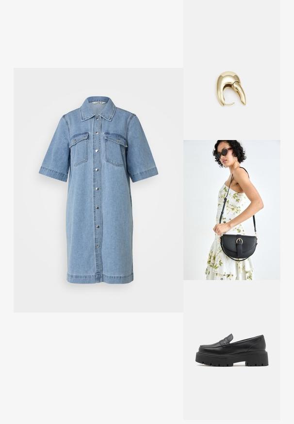 Svetlo modra denim obleka s kratkimi rokavi, gumbnim zapiranjem spredaj, dvema žepoma na prsih in ovratnikom. Gladka tekstura, do kolen.; Črne usnjene loaferke z nizkim, robustnim gumijastim podplatom, šivanim detajlom na zgornjem delu in gladko teksturo.; Črna usnjena torbica s ukrivljeno obliko, z odstranljivo naramnico in zlatimi dodatki. Torbica ima pokrov s podrobnostmi v obliki zaponke.; Uhane nakit iz zlatastega tona z gladko, ukrivljeno zasnovo. Ima edinstveno koničasto obliko, polirano površino in zaponko s tečajem.