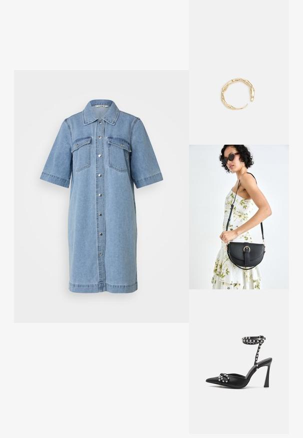 Ljusblå denimklänning med korta ärmar, knapppning fram, två bröstfickor och krage. Slät textur, knälång.; Svarta högklackade pumps med spetsig tå, prydda med silvernitar och en ankelrem. Slät lädertextur och elegant design.; Svart läderhandväska med en böjd form, avtagbar rem och guldiga detaljer. Väskan har ett lock med en spänndetalj.; Ring i guldutförande med en organisk, vriden design, slät yta och avsmalnande ändar, vilket ger ett modernt, skulpturalt utseende.