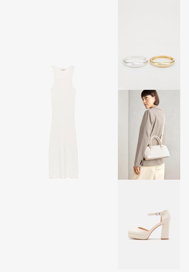 Abito bianco senza maniche, in maglia a costine e con silhouette aderente, che arriva sotto il ginocchio. Design semplice e minimalista, privo di motivi o accessori.; Tacchi platform color crema con punta arrotondata e cinturino alla caviglia regolabile. Presentano un tacco a blocco spesso con un leggero accento in legno.; Borsa a mano bianca strutturata con manici corti e tracolla, dotata di dettagli in metallo dorato e materiale testurizzato, esposta su uno sfondo grigio.; Zign 2 PACK - Bracciale - gold-coloured/silver-coloured