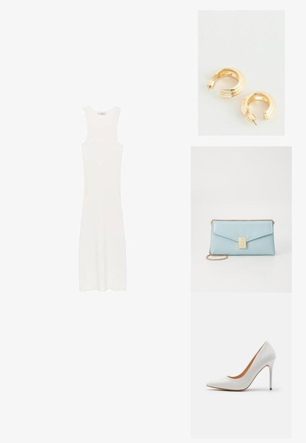 Rochie albă, fără mâneci, din tricot cu model în relief, cu o siluetă ajustată, care ajunge sub genunchi. Design simplu și minimalist, fără modele sau accesorii.; Pantof cu toc înalt din piele lăcuită albă, cu vârf ascuțit și toc subțire stiletto, având o textură netedă și un interior bej.; Geantă de mână din piele de culoare albastru deschis, cu un închizător de ton auriu, curea din lanț și un design minimalist; are un capac triangular și o textură netedă.; Cercei din metal auriu cu un finisaj lustruit, având un design canelat și închidere cu tijă. Formă rotundă și voluminoasă.