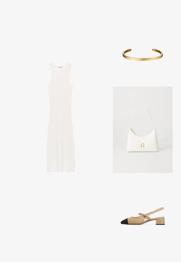 Biała, bezrękawnikowa sukienka z prążkowanego dzianiny o dopasowanym kroju, sięgająca poniżej kolan. Prosty i minimalistyczny design, bez wzorów i dodatków.; Beżowe skórzane buty na obcasie typu slingback z czubkiem w kolorze czarnym, zapięciem na klamrę oraz niskim blokowym obcasem z srebrnym akcentem u podstawy.; Biała torebka o zakrzywionym kształcie i gładkiej teksturze. Posiada akcent w kolorze złotym z logo oraz zamek błyskawiczny. Regulowany pasek na ramię.; Bransoletka z metalu w kolorze złotym, gładka powierzchnia, zaokrąglone krawędzie, minimalystyczny design, otwarte końce, wypolerowane wykończenie.