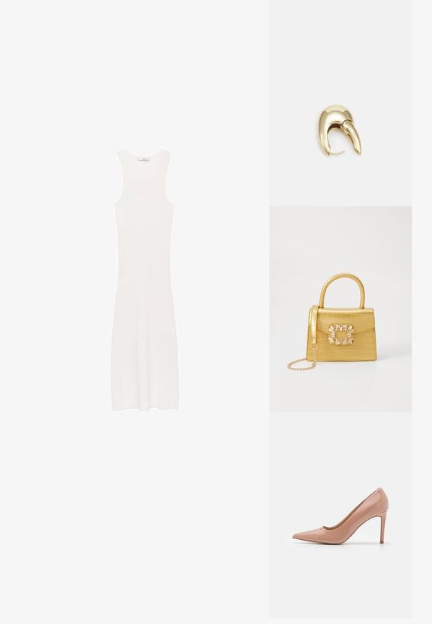 Biała, bezrękawnikowa sukienka z prążkowanego dzianiny o dopasowanym kroju, sięgająca poniżej kolan. Prosty i minimalistyczny design, bez wzorów i dodatków.; Nude lakierowane szpilki z wydłużonym noskiem i smukłym obcasem typu stiletto, z błyszczącym wykończeniem i minimalistycznym designem.; Żółta torebka z faux-krokodylka o wyrafinowanej konstrukcji, z górnym uchwytem, odpinanym łańcuszkiem oraz dekoracyjnym kryształowym zdobieniem na zapięciu.; Złote metalowe kolczyki o eleganckim, zakrzywionym kształcie. Posiadają charakterystyczny szpiczasty kształt, polerowaną powierzchnię oraz zapięcie na zawias.