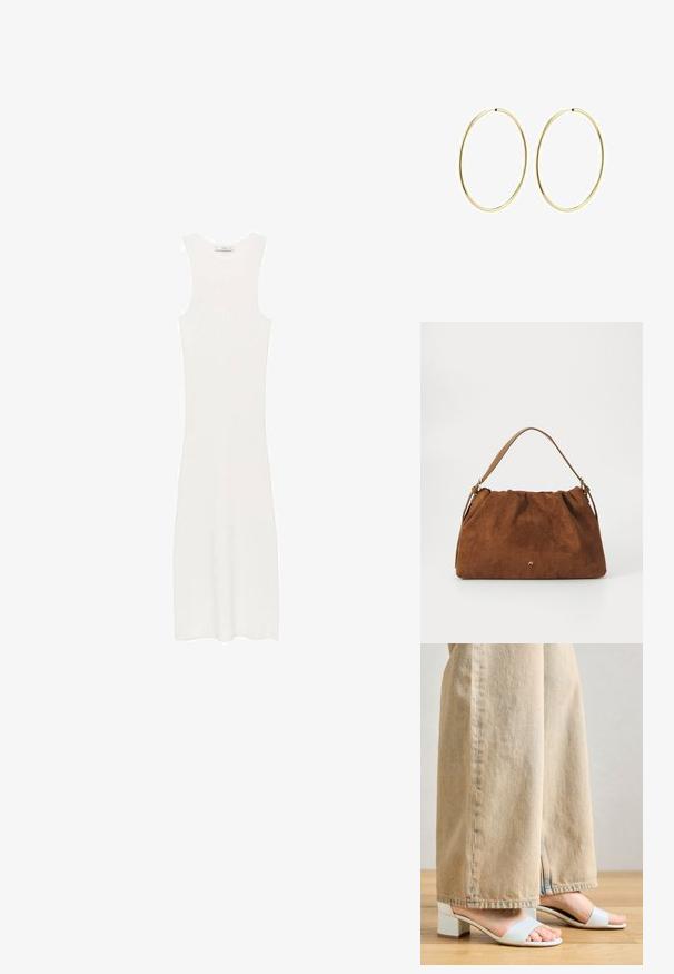 Abito bianco senza maniche, in maglia a costine e con silhouette aderente, che arriva sotto il ginocchio. Design semplice e minimalista, privo di motivi o accessori.; Sandali con tacco a blocco di un blu chiaro, dotati di due fasce larghe. Indossati con pantaloni beige a gamba larga, che mettono in evidenza il design delle scarpe rispetto alla trama del tessuto.; Borsa in suede marrone con un design arricciato, dotata di una singola tracolla in pelle beige e di un sottile logo dorato dettagliato sulla parte anteriore.; Orecchini a cerchio in oro con un design liscio e arrotondato. Sottili e leggeri, con un anello continuo privo di decorazioni.
