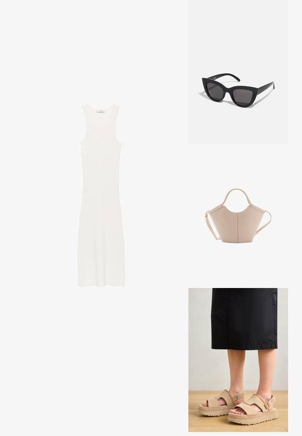 Biela, bezrukávová, rebrovaná pletená šaty s obopínajúcou siluetou, dosahujúce pod kolená. Jednoduchý a minimalistický dizajn, bez vzorov alebo kovových doplnkov.; Béžové semišové sandále s otvorenou špičkou, hrubou podrážkou a nastaviteľným remienkom. Obsahujú šité akcenty a textúrovaný povrch.; Čierne slnečné okuliare v štýle mačacích očí s matným povrchom, so šedými tónovanými sklami, ostrými hranami a elegantnými bokovými ramenami. Názov značky je viditeľný na vnútornom ramene.; Béžová kožená kabelka s unikátnym tvarom, vybavená dvoma krátkymi uchami a jedným dlhým nastaviteľným popruhom. Hladký povrch s minimálnym kovovým príslušenstvom.
