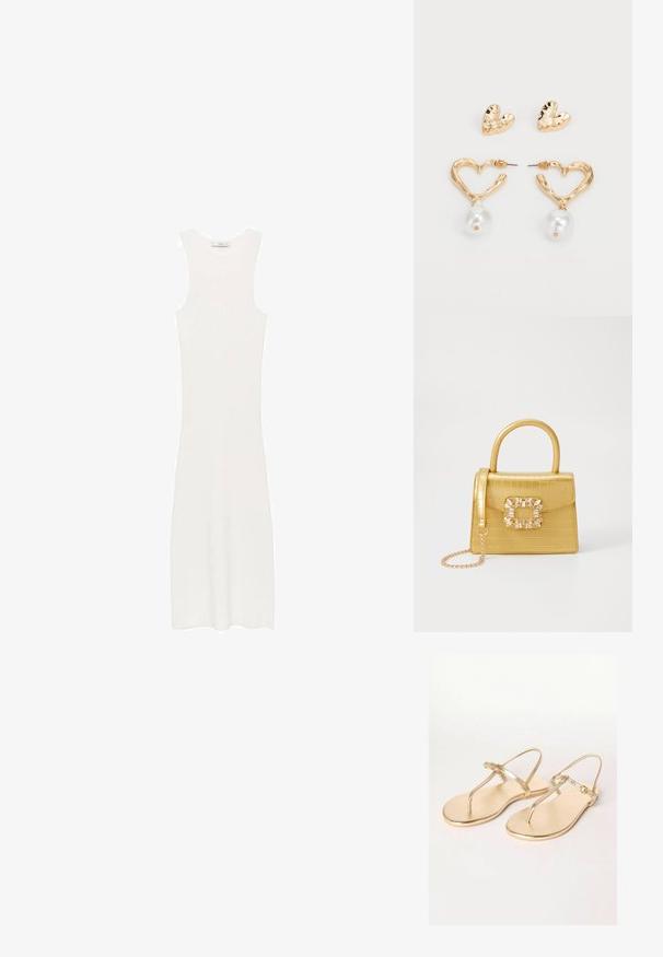 Hvid, ærmeløs, ribbet strikkjole med en tætsiddende silhuet, der når under knæene. Enkel og minimalistisk design uden mønstre eller hardware.; Friends Like These REGULAR FIT - TOE THONG FIT - Sandaler m/ tåsplit - gold; Gul faux-krokodille skuldertaske med struktureret design, top-håndtag, aftagelig kædetraske og dekorativ krystaldekoration på låsen.; Guldtonede hjerteformede øreringe med en tekstureret overflade, prydet med en hængende perleaccent. Inkluderer matchende hjerteformede studs.