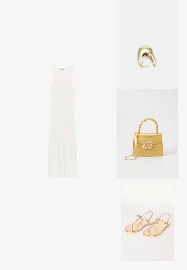 Hvid, ærmeløs, ribbet strikkjole med en tætsiddende silhuet, der når under knæene. Enkel og minimalistisk design uden mønstre eller hardware.; Friends Like These REGULAR FIT - TOE THONG FIT - Sandaler m/ tåsplit - gold; Gul faux-krokodille skuldertaske med struktureret design, top-håndtag, aftagelig kædetraske og dekorativ krystaldekoration på låsen.; Guldtonet metal ørering med et slankt, buet design. Har en karakteristisk spids form, poleret overflade og hængselåbning.