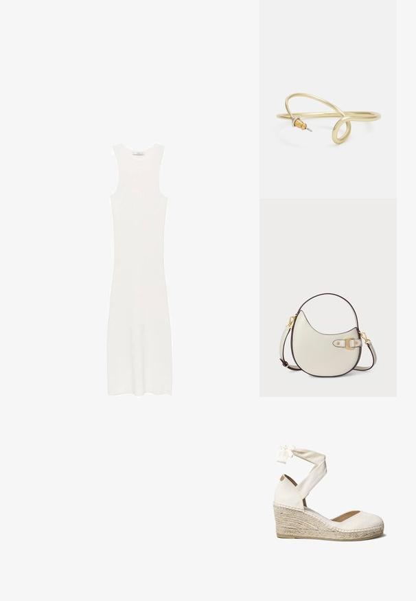 Vestido blanco sin mangas de punto acanalado con una silueta ajustada, que llega por debajo de las rodillas. Diseño simple y minimalista, sin patrones ni herrajes.; Zapato cuña blanco de lona con atadura al tobillo, tacón envuelto en yute, punta redonda y parte superior de tejido texturizado. La cuña mide aproximadamente 7 cm.; Bolso de mano de cuero crema con forma curvada y ribete marrón. Cuenta con un cierre dorado y una correa ajustable para opciones de transporte versátiles.; Pulsera de metal color oro con un diseño fluido y curvado. Presenta un pequeño acento plateado prominente en un extremo.