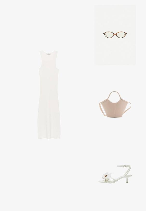 Rochie albă, fără mâneci, din tricot cu model în relief, cu o siluetă ajustată, care ajunge sub genunchi. Design simplu și minimalist, fără modele sau accesorii.; Sandale cu toc alb, realizate dintr-un material texturat, având un accent floral larg pe vârful încălțămintei, curele subțiri și un toc stiletto de înălțime medie.; Ochelari cu ramă din tartan, cu lentile ovale și un finisaj elegant, neted. Prezintă margini subțiri cu o curbură subtilă la tâmple. Lentile clare.; Geantă de mână bej din piele cu o formă unică, dotată cu două mânere scurte și o curea lungă ajustabilă. Textură netedă, cu hardware minim.