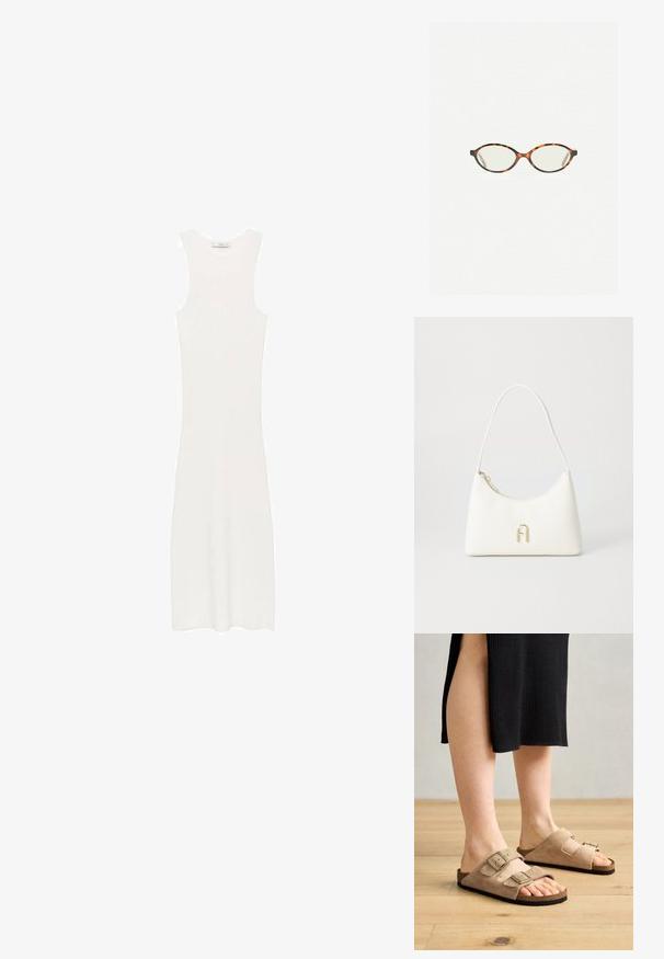 Hvid, ærmeløs, ribbet strikkjole med en tætsiddende silhuet, der når under knæene. Enkel og minimalistisk design uden mønstre eller hardware.; Beige ruskindssandaler med to justerbare stropper, korksål og gummisåler, præsenteret på fødderne mod en baggrund af trægulv.; Skildpaddebriller med ovale linser og en elegant, glat finish. Har tynde sider med en subtil kurve ved tindingerne. Klare linser.; Hvid håndtaske med en buet form og glat tekstur. Har et guldfarvet logo-accent og en lynlåslukning. Justerbar skulderstrop.